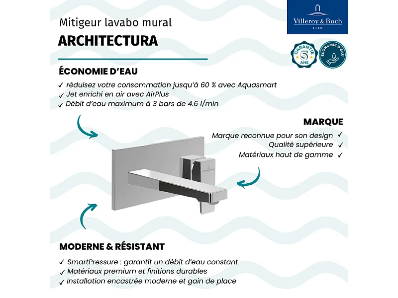 Mitigeur lavabo mural VILLEROY ET BOCH Architectura Square avec vidage Push Open Chrome