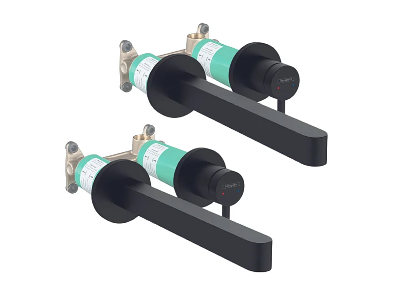 Lot de 2 mitigeurs lavabo mural HANSGROHE Finoris 255 mm + bonde à écoulement libre Noir mat + Corps encastré