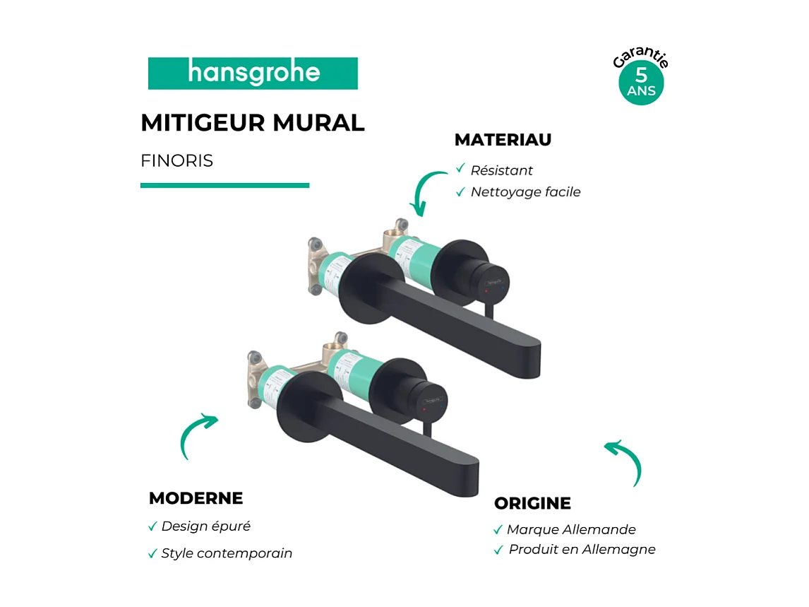 Lot de 2 mitigeurs lavabo mural HANSGROHE Finoris 255 mm + bonde à écoulement libre Noir mat + Corps encastré