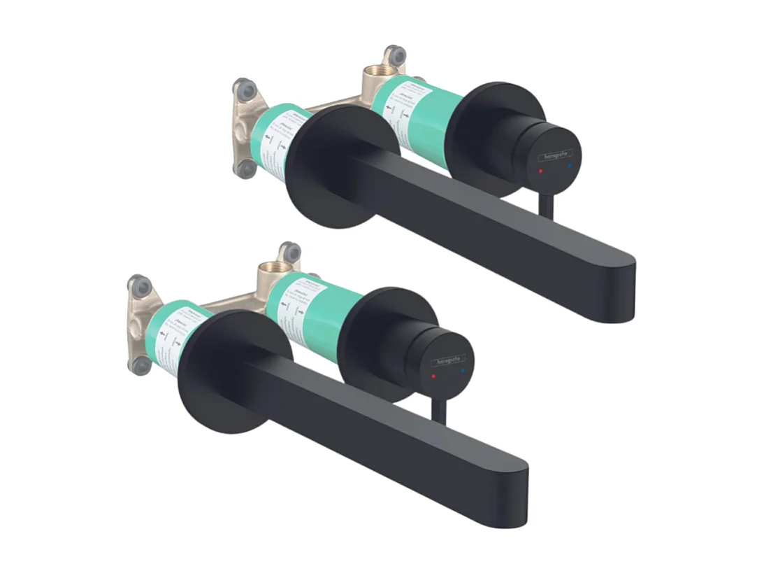 Lot de 2 mitigeurs lavabo mural HANSGROHE Finoris 255 mm + bonde à écoulement libre Noir mat + Corps encastré
