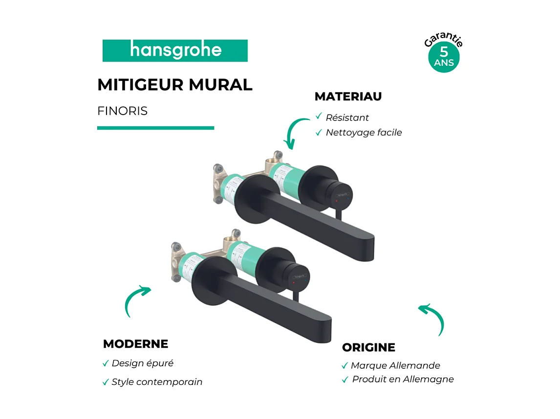 Lot de 2 mitigeurs lavabo mural HANSGROHE Finoris 255 mm + bonde à écoulement libre Noir mat + Corps encastré