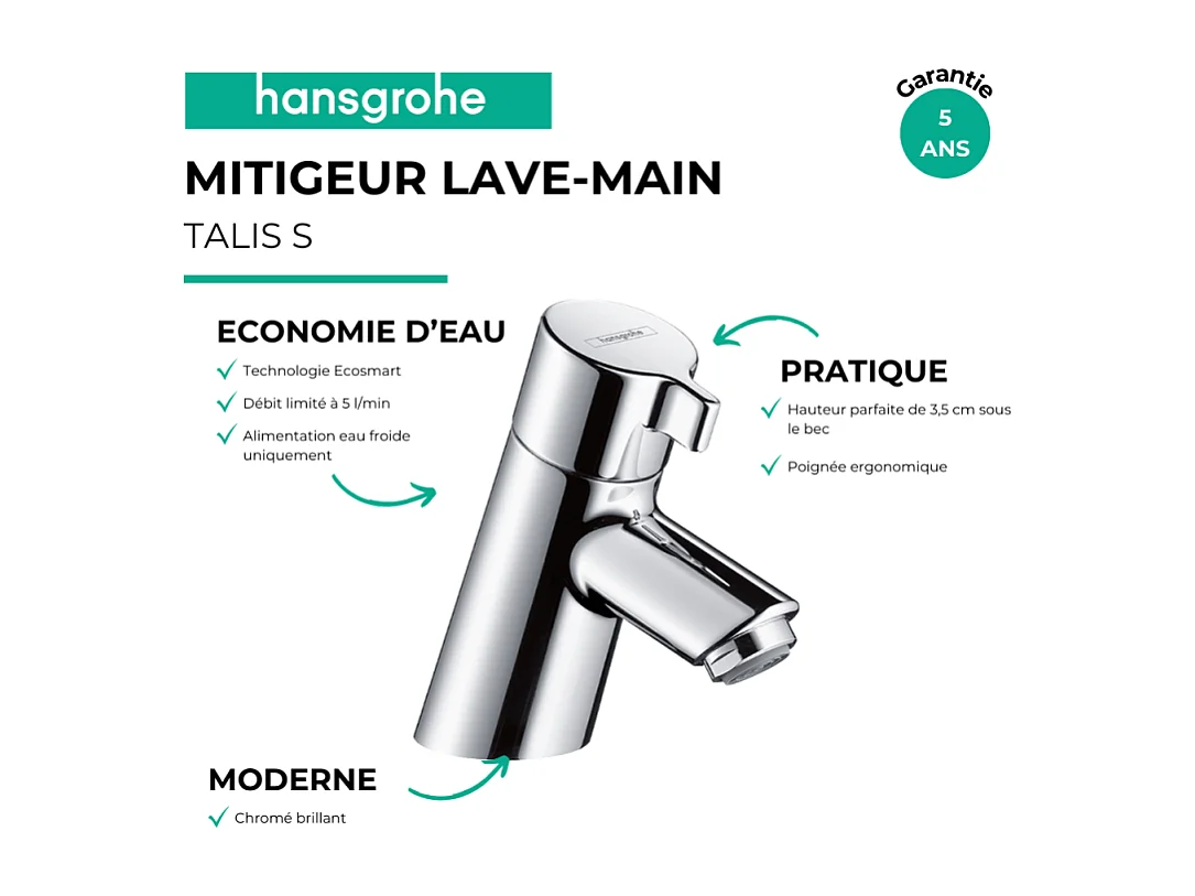 Mitigeur lave-mains HANSGROHE 40 sans tirette ni vidage chromE + nettoyant Briochin