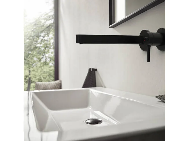 Mitigeur lavabo mural HANSGROHE Finoris 255 mm + bonde à écoulement libre Noir mat + Corps encastré