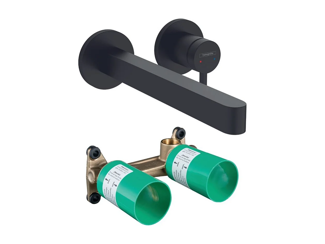 Mitigeur lavabo mural HANSGROHE Finoris 255 mm + bonde à écoulement libre Noir mat + Corps encastré