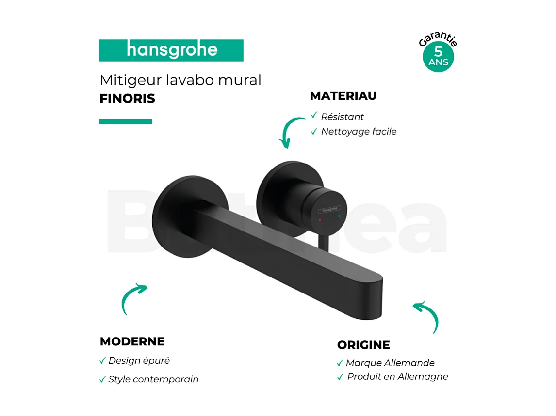 Mitigeur lavabo mural HANSGROHE Finoris 255 mm + bonde à écoulement libre Noir mat + Corps encastré