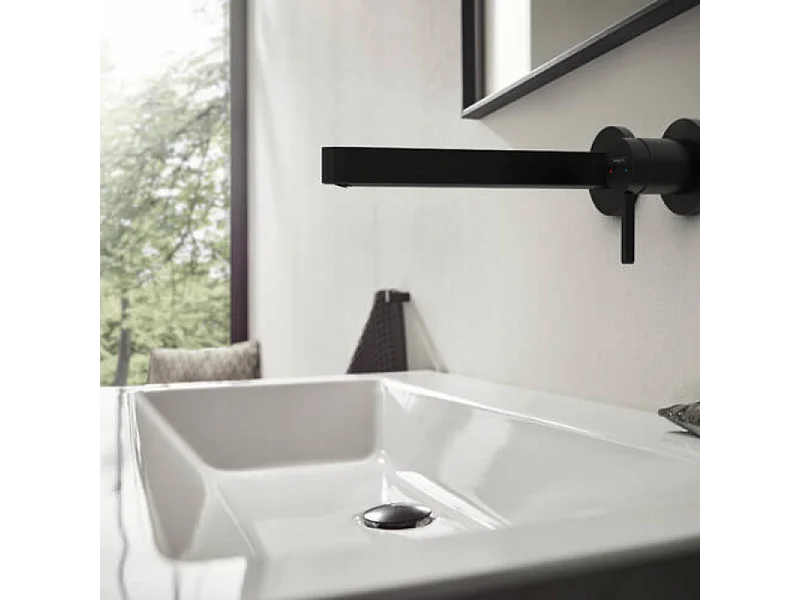 Mitigeur lavabo mural HANSGROHE Finoris 255 mm + bonde à écoulement libre Noir mat + Corps encastré