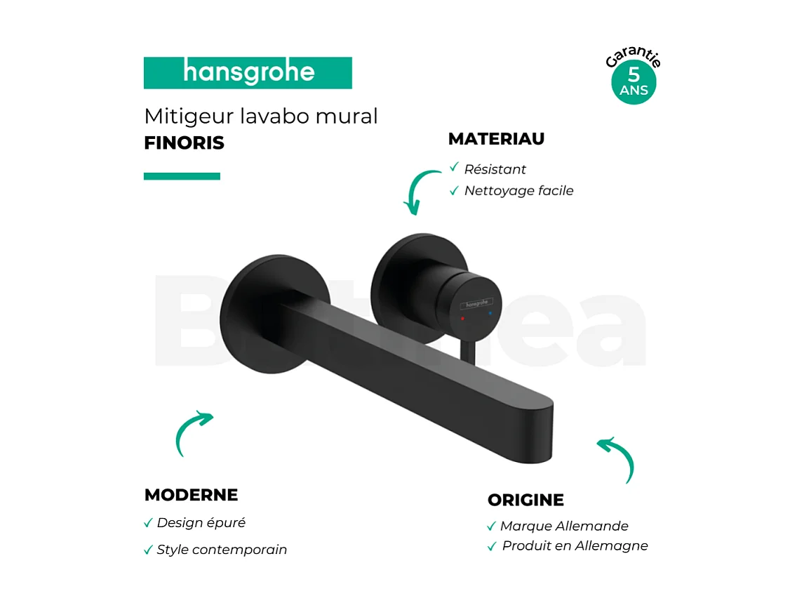 Mitigeur lavabo mural HANSGROHE Finoris 255 mm + bonde à écoulement libre Noir mat + Corps encastré