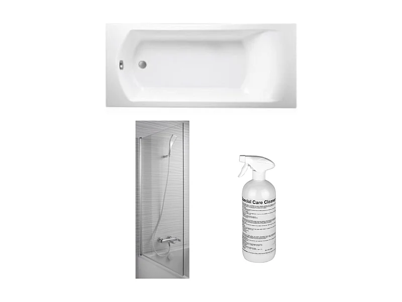 Baignoire droite JACOB DELAFON Ove 170 x 70 cm, bonde excentré + pare bain chrome + nettoyant
