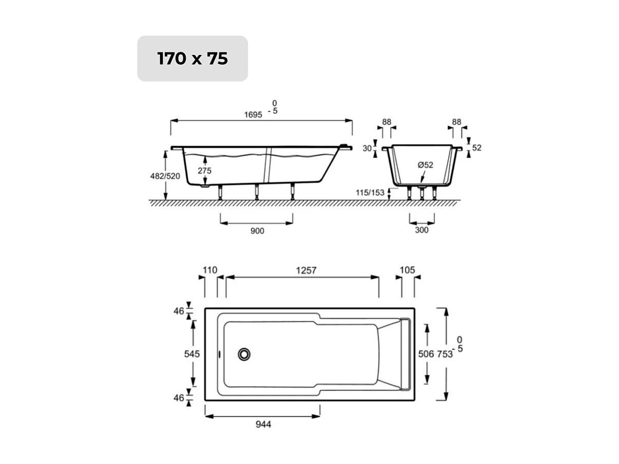 Baignoire bain douche JACOB DELAFON Struktura + pare bain + tablier + étagère 170 x 75