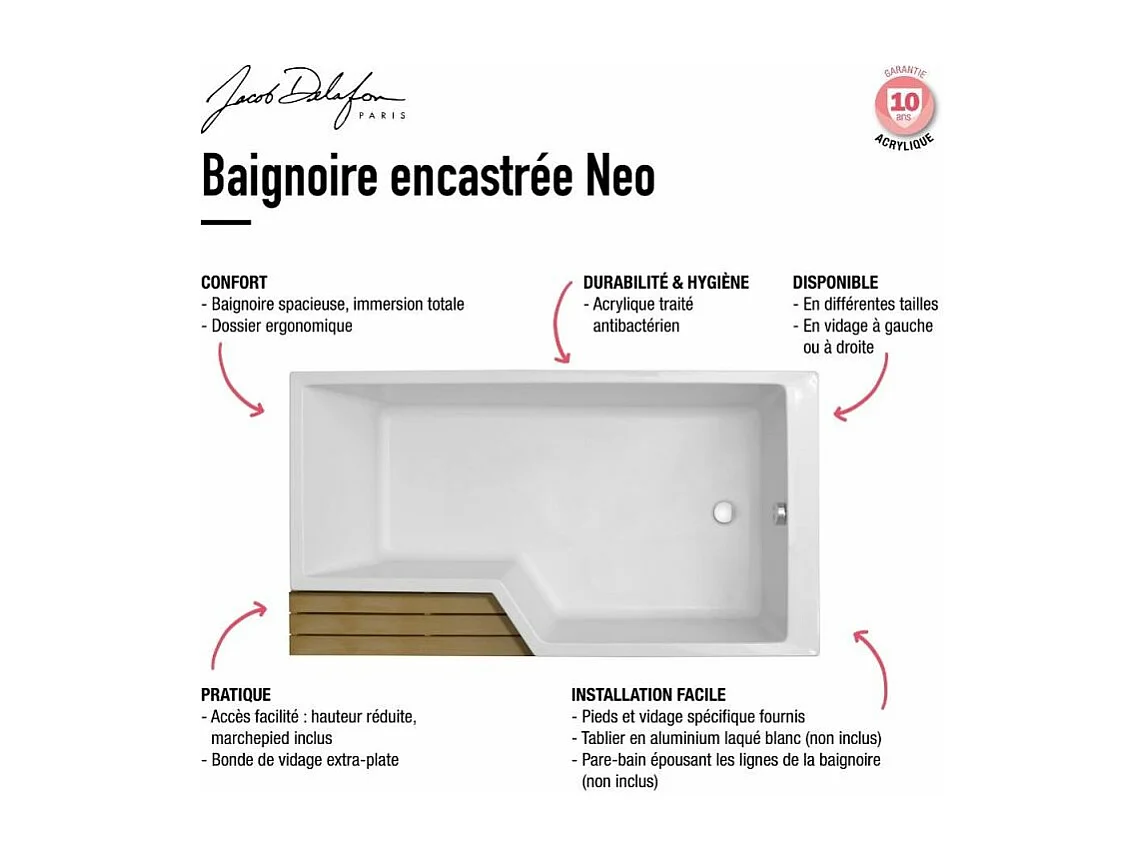 Baignoire bain douche 160 x 90 cm JACOB DELAFON Neo blanc mat gauche