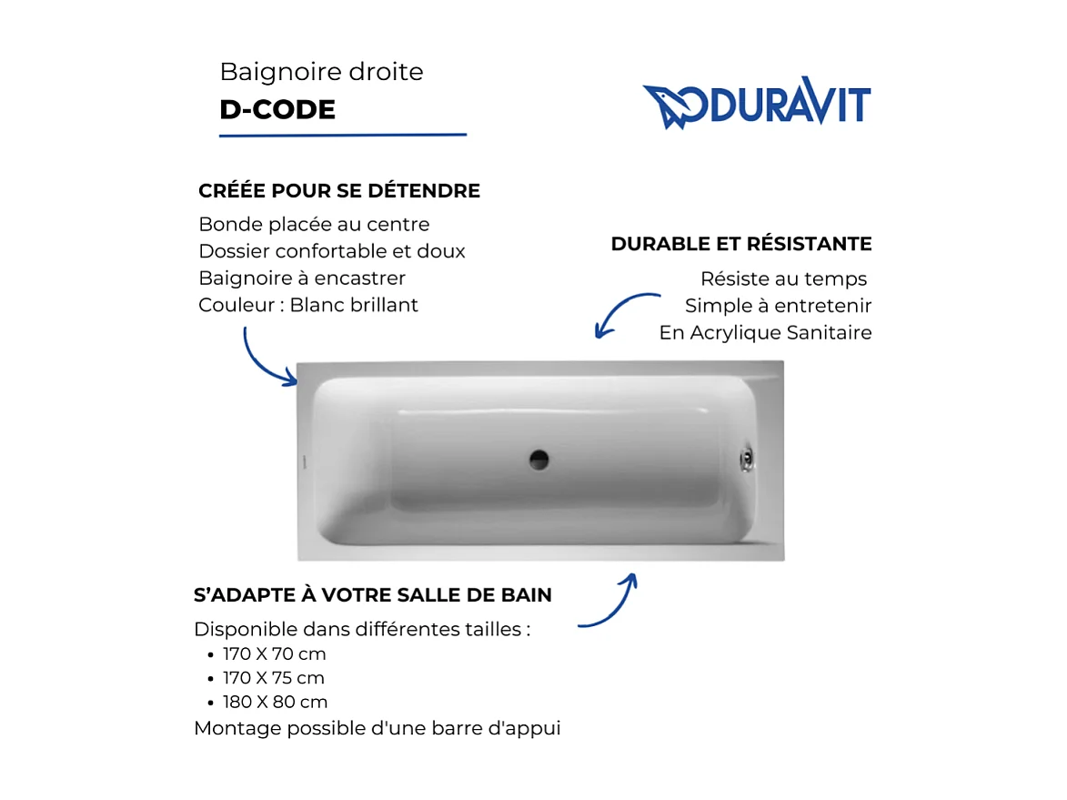 Baignoire droite 180x80 DURAVIT D-Code bonde au centre
