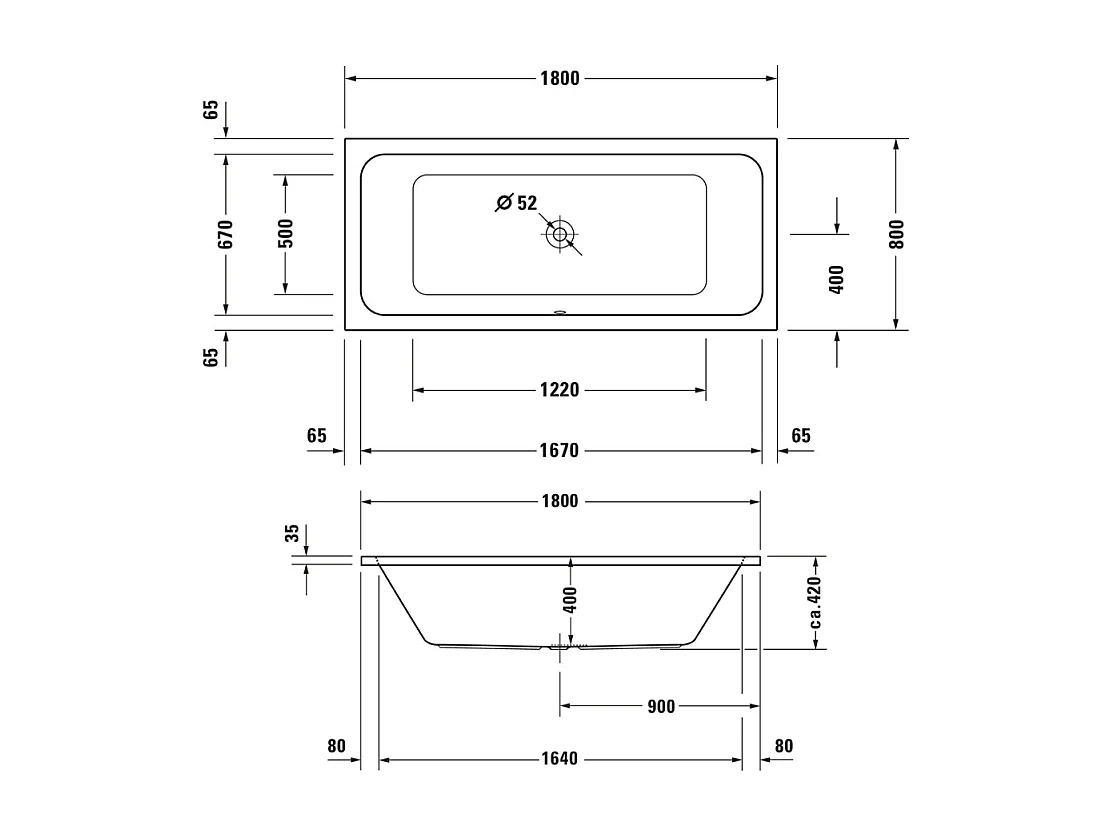 Baignoire droite 180x80 DURAVIT D-Code bonde au centre