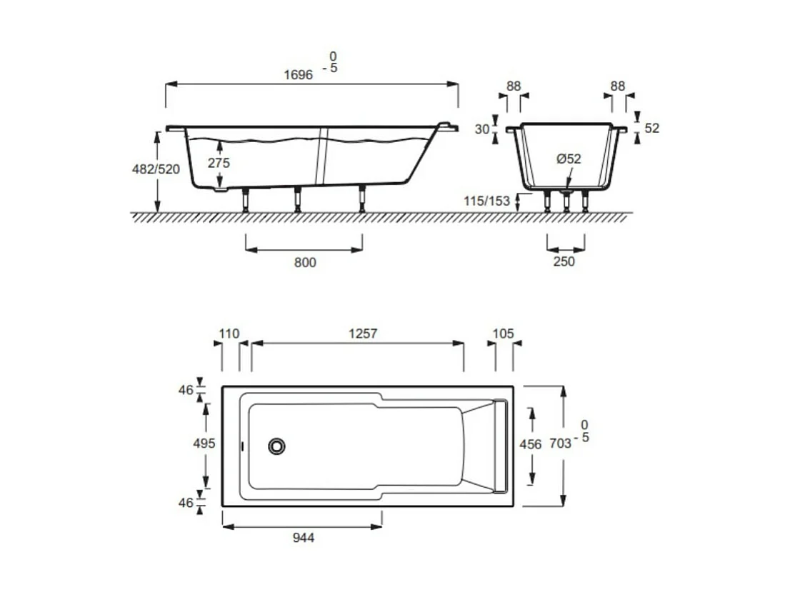 Baignoire bain douche JACOB DELAFON Struktura compacte Acrylique renforcé 170 x 70