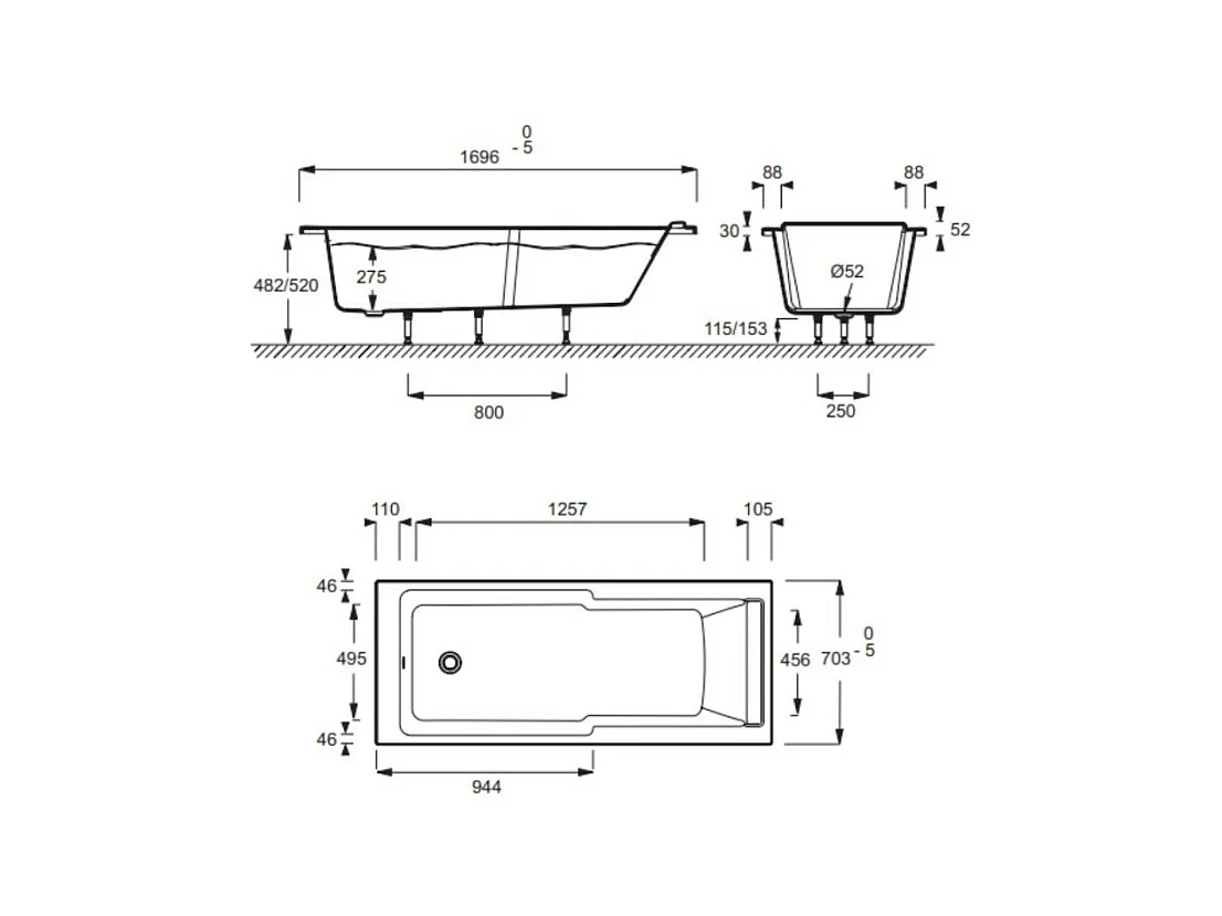Baignoire bain douche JACOB DELAFON Struktura compacte Acrylique renforcé 170 x 70