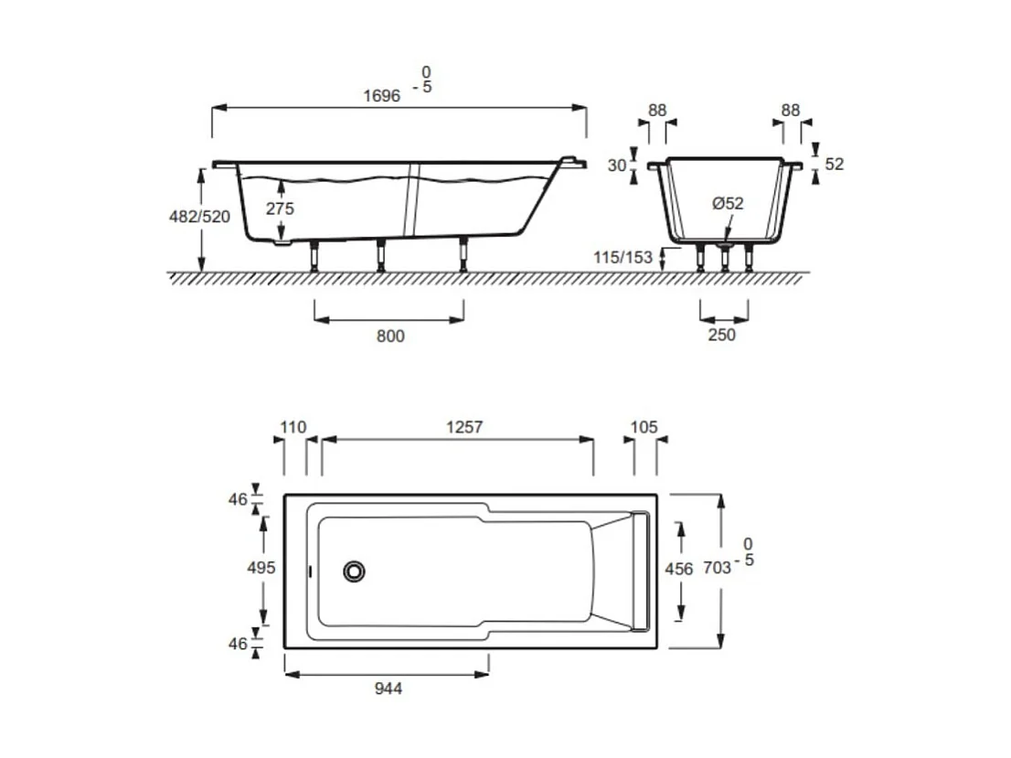 Baignoire bain douche JACOB DELAFON Struktura compacte Acrylique renforcé 170 x 70