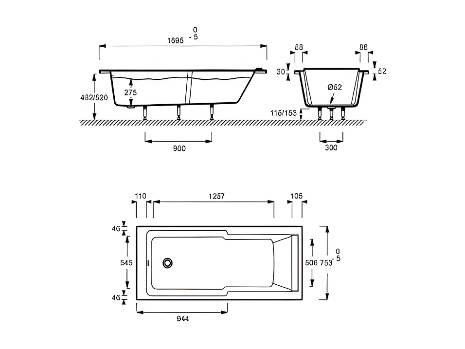 Baignoire bain douche JACOB DELAFON Struktura compacte Acrylique renforcé 170 x 75