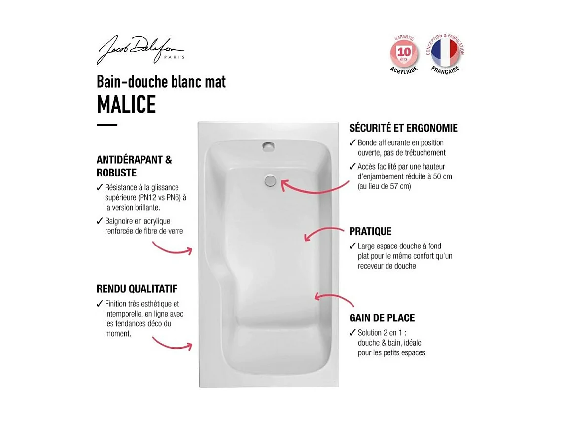 Baignoire bain douche JACOB DELAFON Malice 160 x 85 cm version Droite, Blanc mat