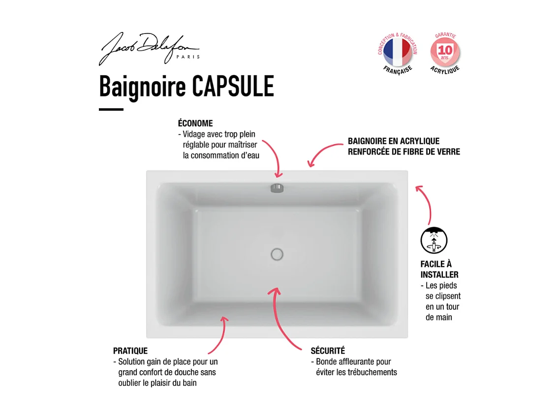 Baignoire bain douche JACOB DELAFON Capsule profonde, 120 x 80 cm + nettoyant