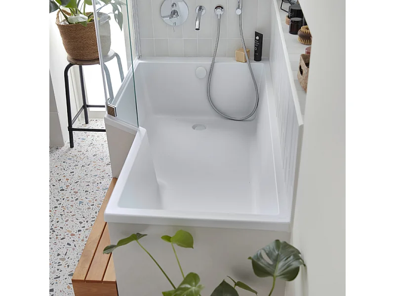 Pack baignoire bain douche antidérapante 160 x 90  JACOB DELAFON Neo version gauche + pare bain chromé + tablier en angle