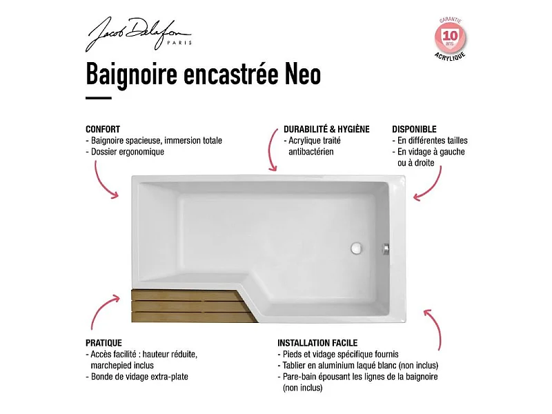 Baignoire bain douche 150 x 80 cm JACOB DELAFON Neo blanc brillant droite