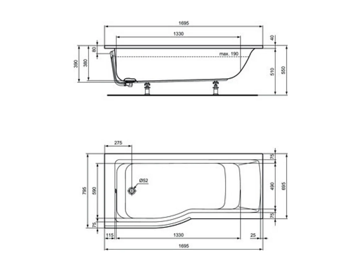 Ideal Standard baignoire pour bain douche170x80 asymétrique Connect Air droite blanc