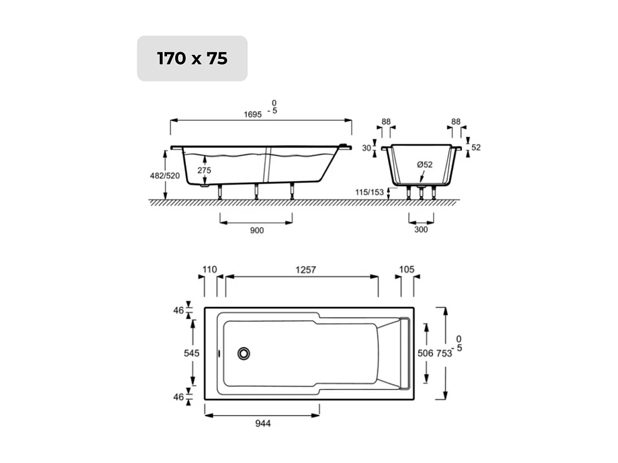 Baignoire bain douche JACOB DELAFON Struktura + pare bain + étagère 170 X 75