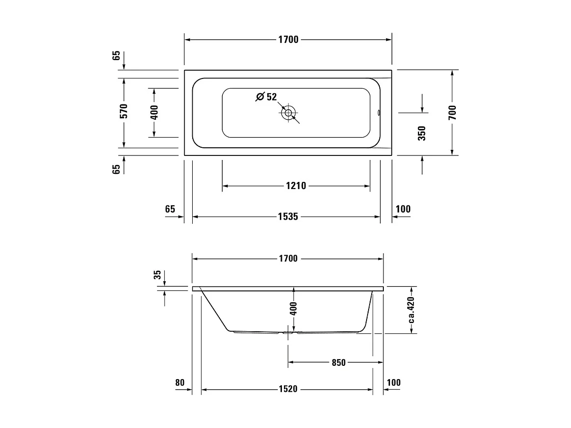 Baignoire droite 170x70 DURAVIT D-Code bonde au centre