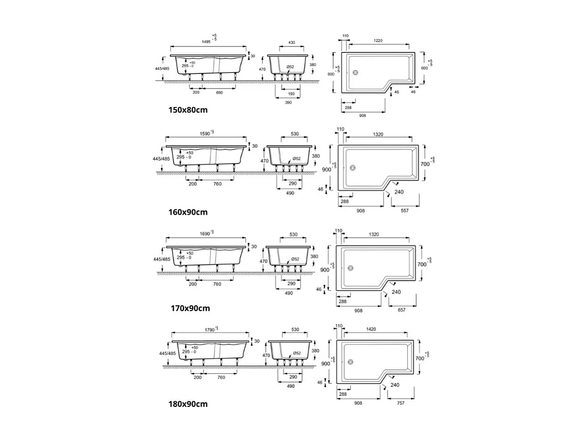 Pack baignoire bain douche antidérapante 180 x 90 JACOB DELAFON Neo blanc mat - v.gauche + pare bain noir mat + tablier