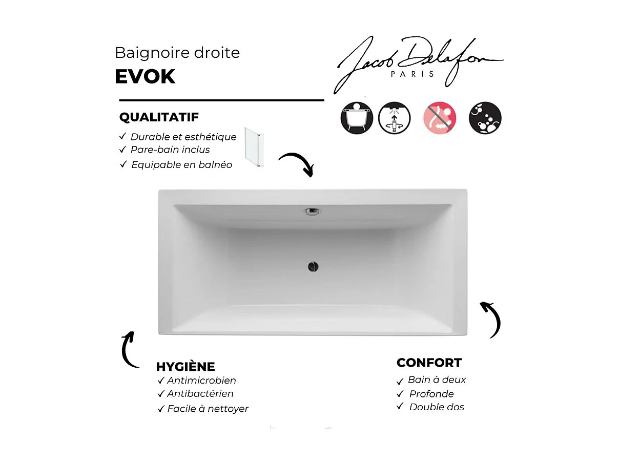 Lot baignoire droite 170 X 70 JACOB DELAFON Evok + pare-bain noir mat
