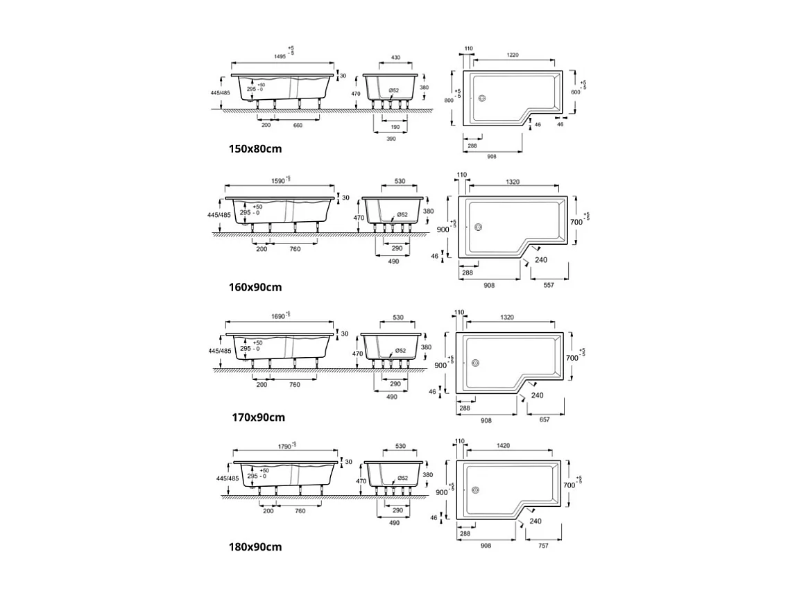 Baignoire bain douche JACOB DELAFON Neo + étagère + pare bain 170 x 90, version gauche