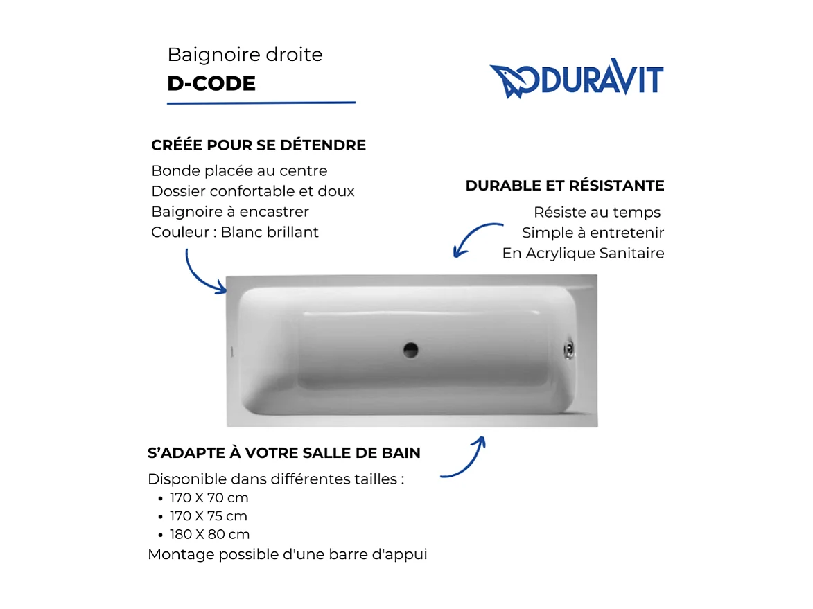 Baignoire droite 170x75 DURAVIT D-Code bonde au centre