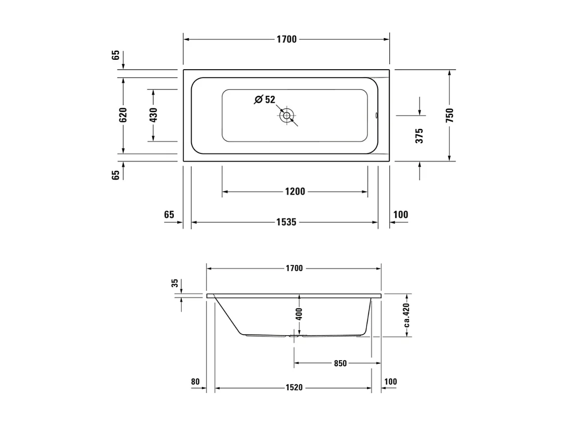 Baignoire droite 170x75 DURAVIT D-Code bonde au centre