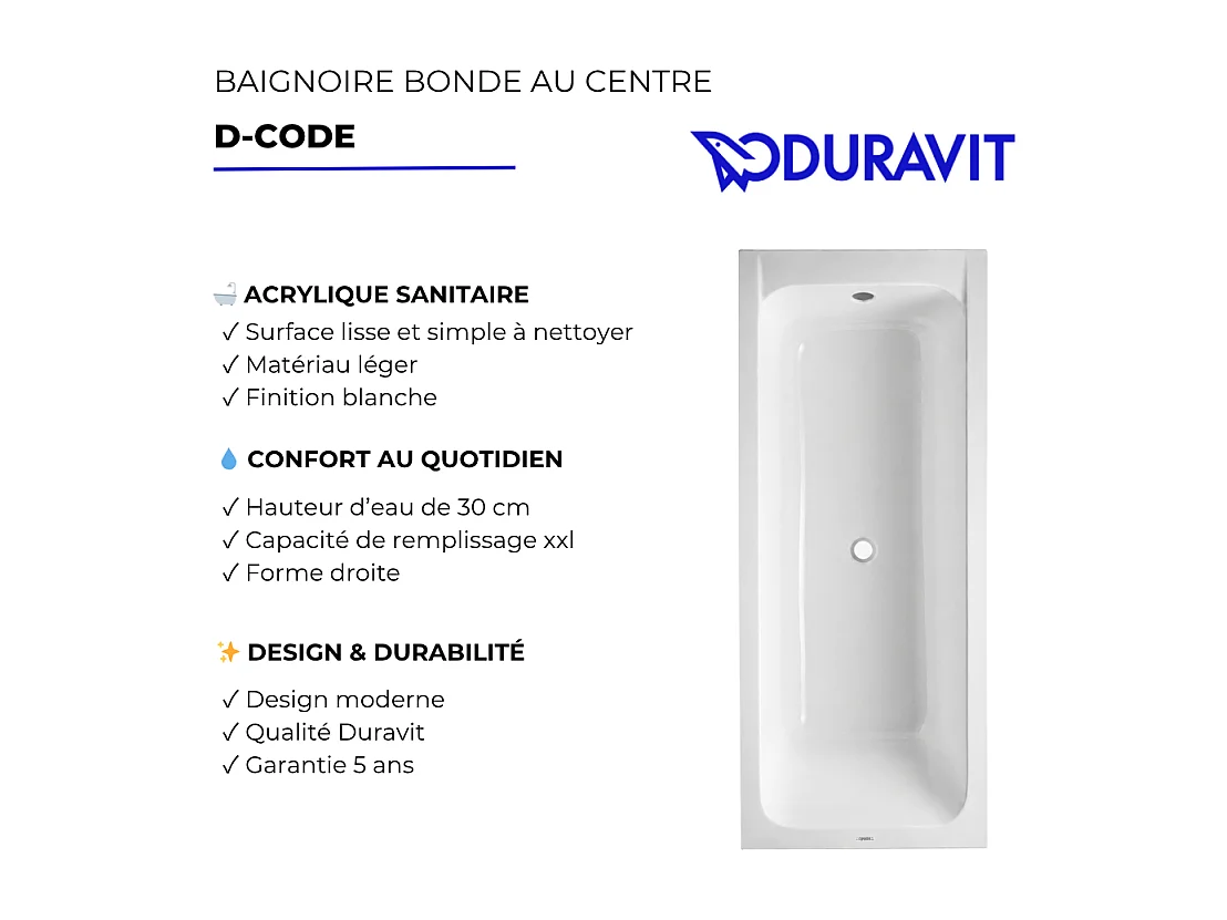 Baignoire droite 170x75 DURAVIT D-Code bonde au centre