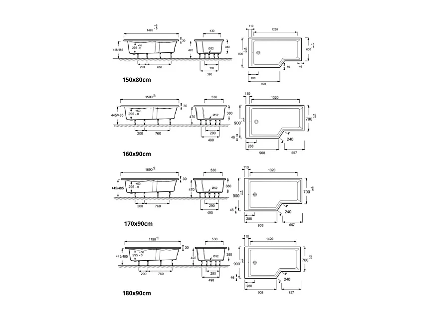 Baignoire bain douche JACOB DELAFON Neo 150 x 80 gauche + pare bain + tablier + étagère