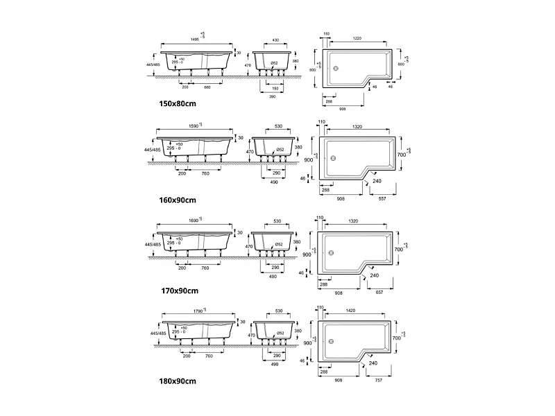 Baignoire bain douche JACOB DELAFON Neo 150 x 80 gauche + pare bain + tablier + étagère