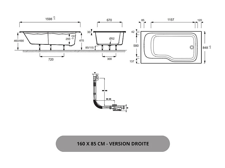 Baignoire bain douche JACOB DELAFON Malice antidérapante + pare bain 170 x 90, version droite