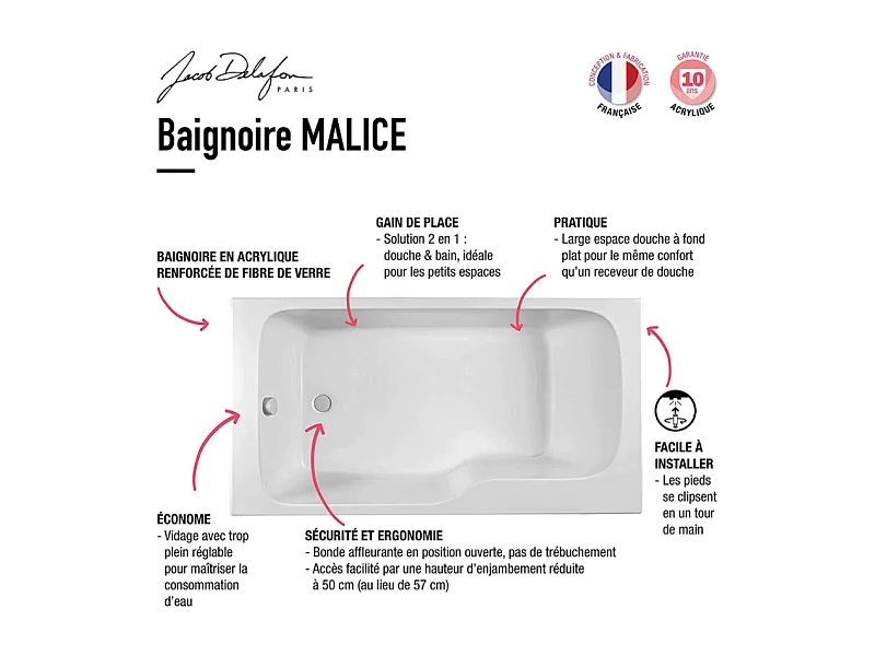 Baignoire bain douche JACOB DELAFON Malice + nettoyant 160 x 85, version droite