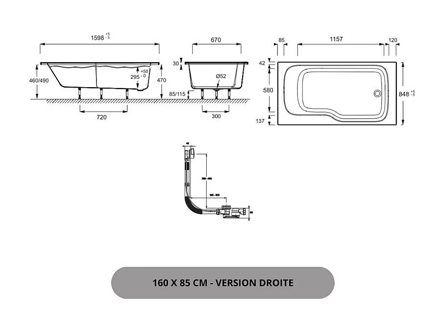 Baignoire bain douche JACOB DELAFON Malice + nettoyant 160 x 85, version droite