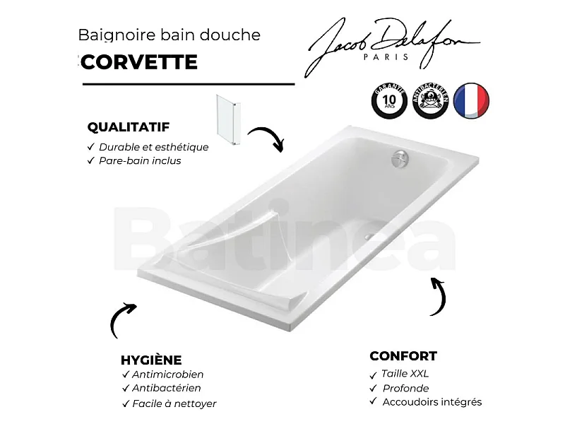 Lot baignoire droite 180 X 80 JACOB DELAFON Corvette + pare-bain 2 volets noir mat