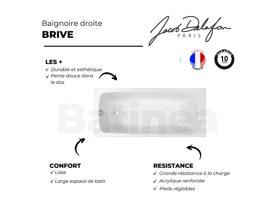 Baignoire droite 170 X 75 JACOB DELAFON Brive en acrylique renforcé + nettoyant