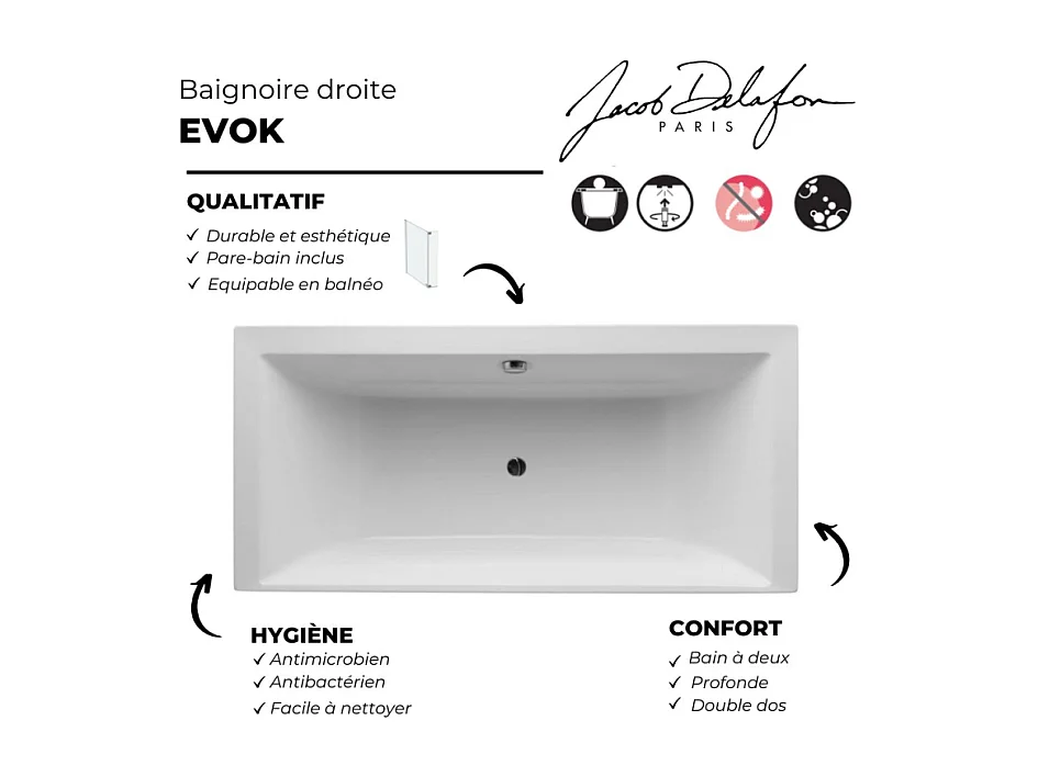 Baignoire droite 170 x 80 JACOB DELAFON Evok, deux places + pare bain