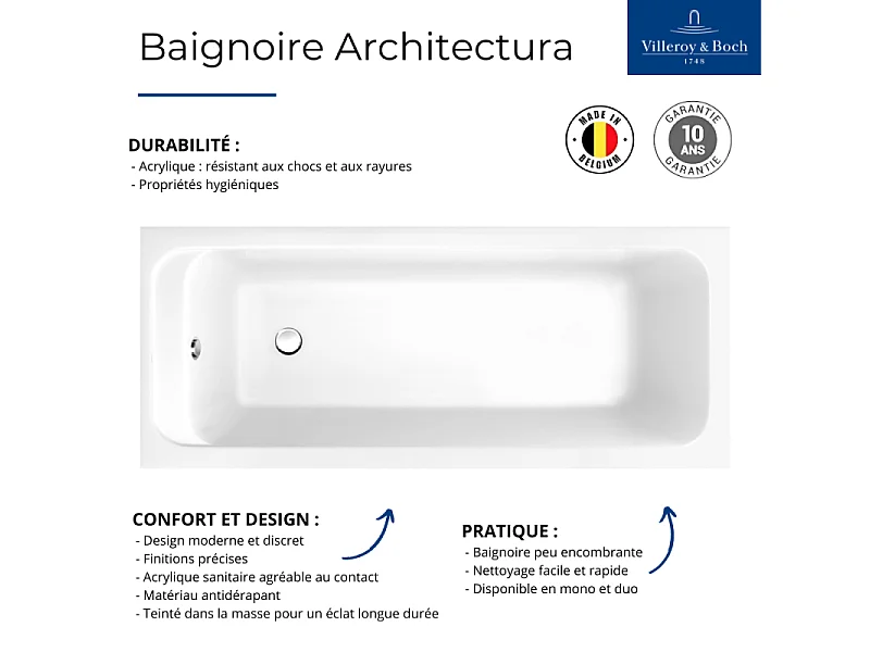 Baignoire droite 150 X 70 VILLEROY ET BOCH Architectura acrylique