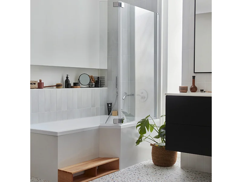 Pack baignoire bain douche 170 x 90 JACOB DELAFON Neo version droite + pare bain chromé + tablier de baignoire en angle