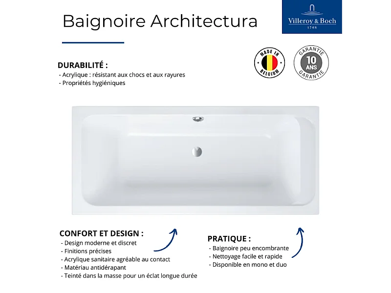 Baignoire droite 170 X 80 VILLEROY ET BOCH Architectura acrylique