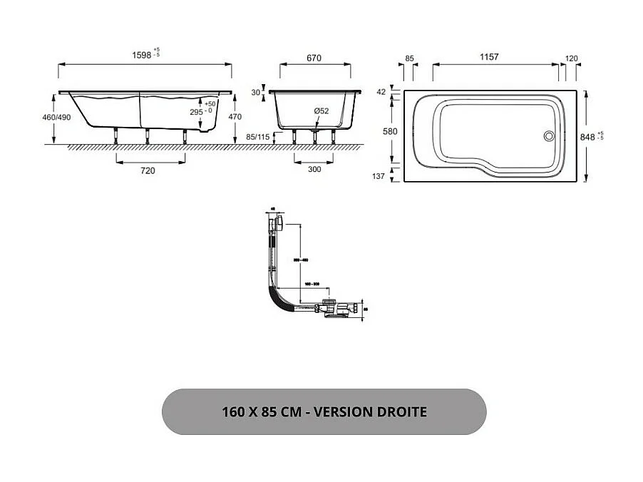 Baignoire bain douche JACOB DELAFON Malice antidérapante + nettoyant 160 x 85 version droite