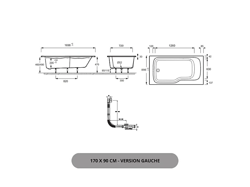 Baignoire bain douche JACOB DELAFON Malice antidérapante + tablier angle + pare bain 170 x 90, gauche