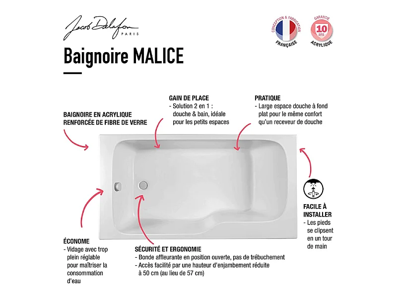 Baignoire bain douche JACOB DELAFON Malice + pare bain + étagère 160 x 85, V. gauche
