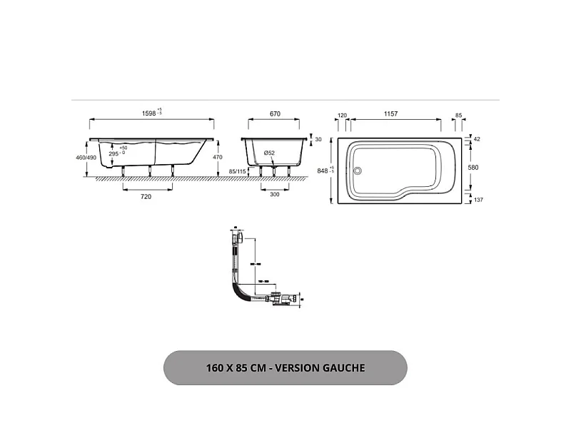 Baignoire bain douche JACOB DELAFON Malice + pare bain + étagère 160 x 85, V. gauche