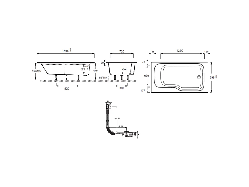 Baignoire bain douche JACOB DELAFON Malice antidérapante + tablier niche 170 x 90 version droite