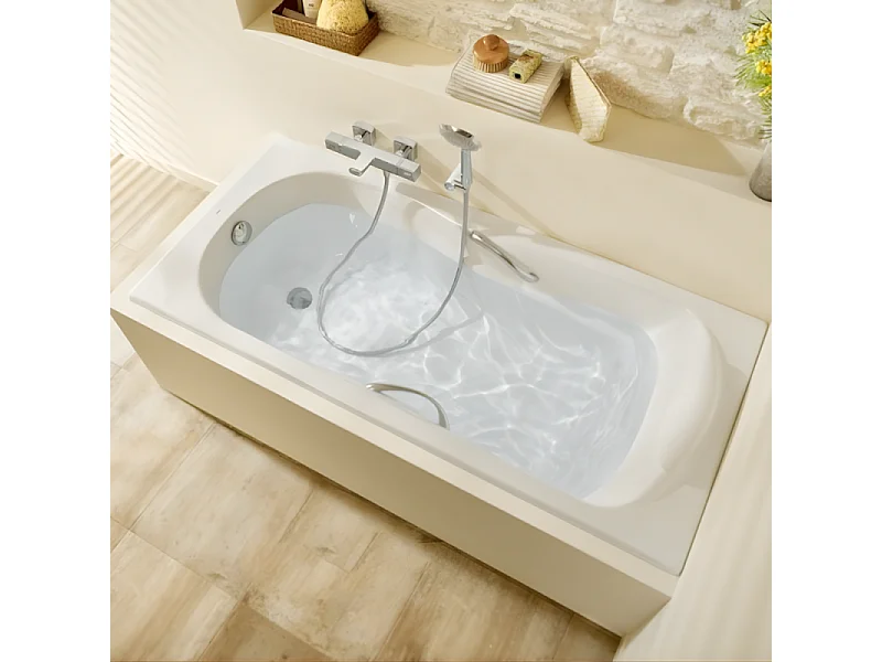 Baignoire droite JACOB DELAFON Ove 170 x 70 cm, bonde excentré + pare bain chrome
